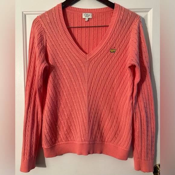 CLOVER Bobby Jones SMALL VINTAGE Masters Peach Cable Knit V Neck Cotton Sweater - Picture 1 of 11
